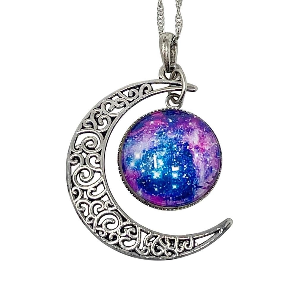 Silver Tone Celestial Necklace Crescent Moon Galaxy Planet Moon 16" Chain Whimsy